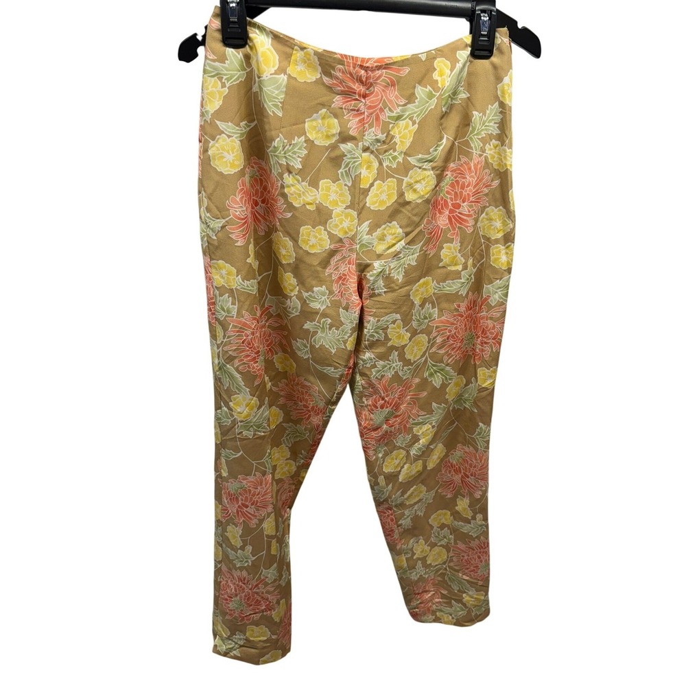 Vintage 70's Silk Blend Floral Tapered Pants Tan Orange Yellow Womens 4 Side Zip